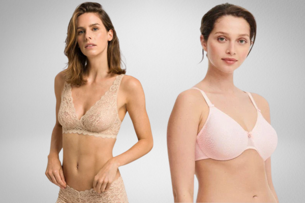 Side-by-side comparison of two women wearing different bras – the left model in a nude lace wirefree bra, and the right model in a blush underwired minimiser bra – highlighting the visual difference in structure and support