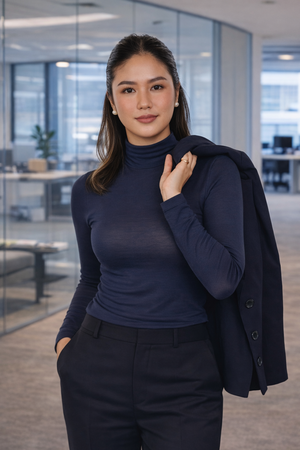 Woman in a navy turtleneck and tailored slacks holding a blazer in a modern office setting.