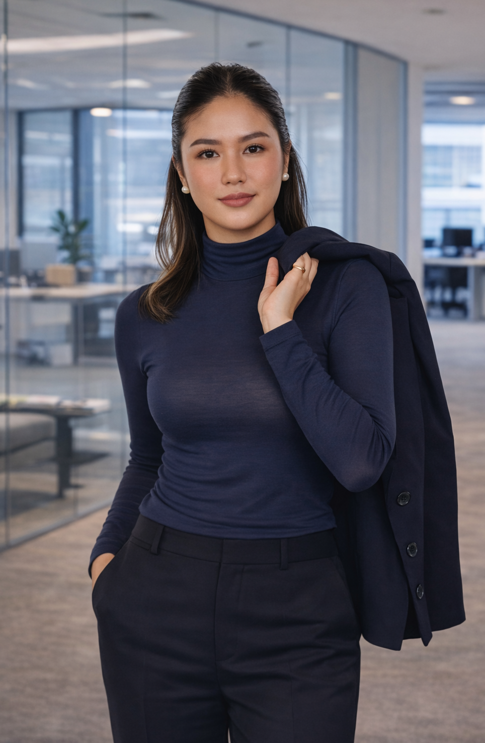 Woman in a navy turtleneck and tailored slacks holding a blazer in a modern office setting.