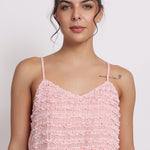 Close-up of Passionflower Nightie neckline, featuring frill edge and coral striped lightweight cotton fabric.