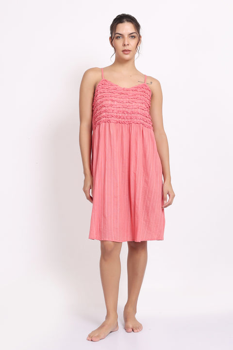 Self Stripe Frilly Nightie Coral