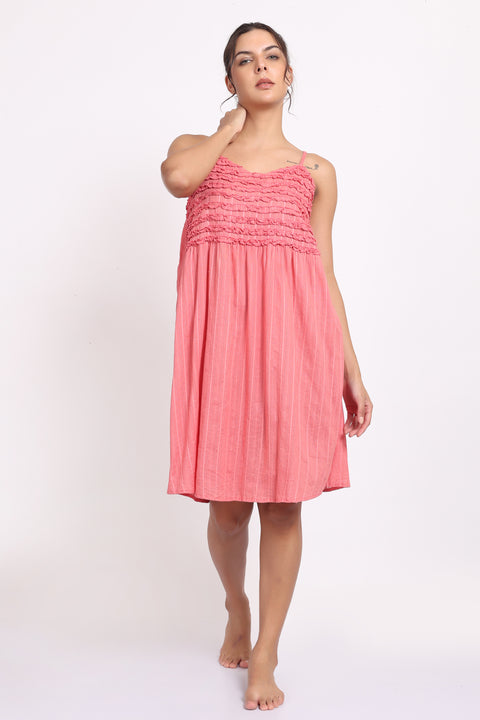 Self Stripe Frilly Nightie Coral