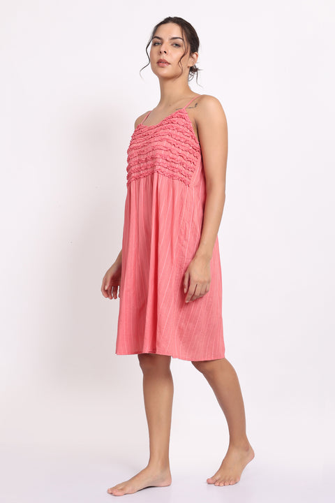 Self Stripe Frilly Nightie Coral