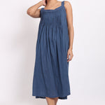 Front view of ocean blue cotton nightie with self-stripe pattern and delicate crochet straps.