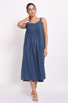Front view of ocean blue cotton nightie with self-stripe pattern and delicate crochet straps.
