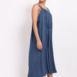 Side angle of nightie in blue cotton voile, highlighting its airy fabric and flattering flow.