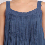 Close-up of crochet strap and pleated chest detail on Self Stripe Cotton Nightie in ocean blue.
