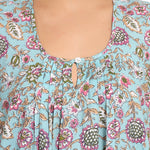 Close-up of the Bloom Nightie neckline showing gathered fabric and single-button front.