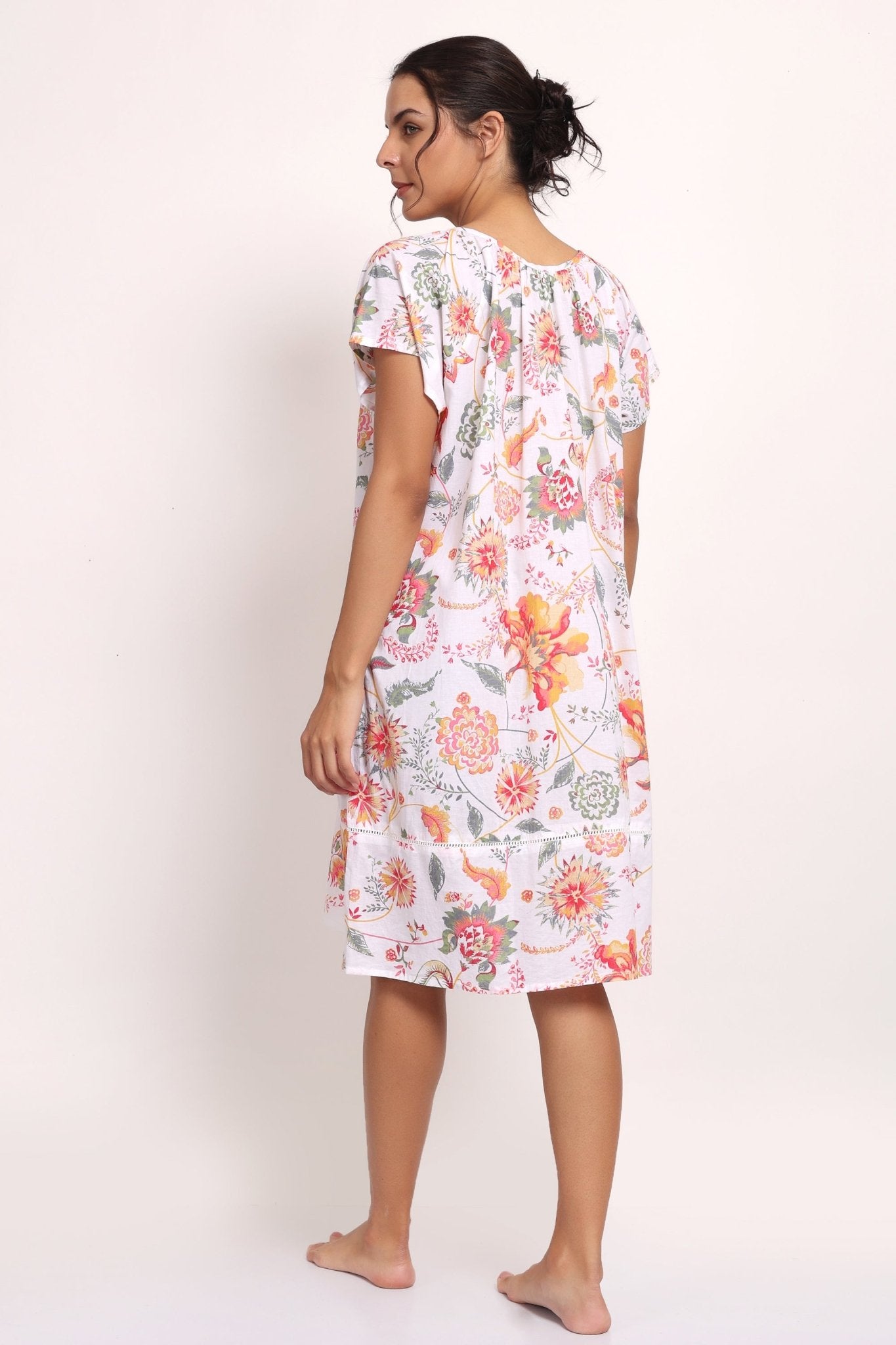 Back view of the Passionflower nightie showing soft drape and relaxed fit.