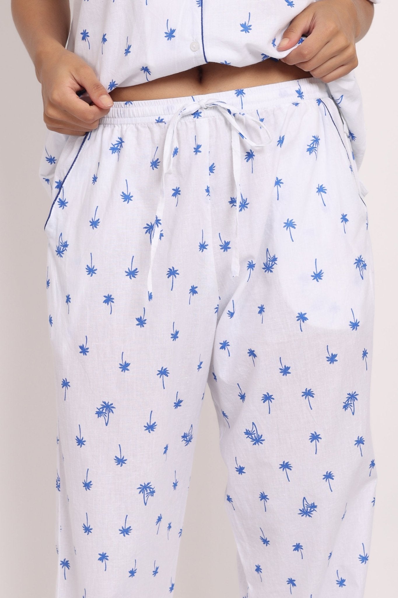 Close-up of elasticised waistband and drawcord on Hamptons PJ pants, part of sleepwear collection.