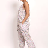 Side profile of model in relaxed-fit Gatsby floral PJ set showing breezy sleeveless top.