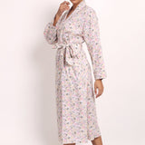 Side profile of model walking in the Gatsby robe, showing robe length and soft drape.