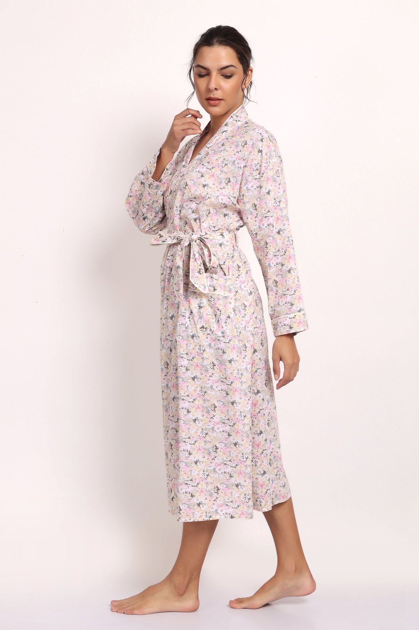 Side profile of model walking in the Gatsby robe, showing robe length and soft drape.