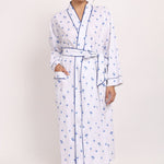 Model wearing the Hamptons Cotton Robe in navy palm print, full length, tied at the waist