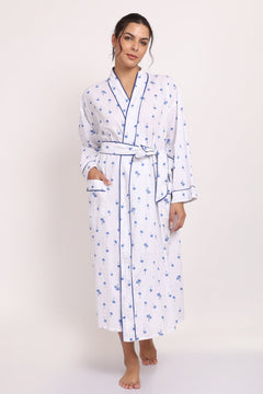 Model wearing the Hamptons Cotton Robe in navy palm print, full length, tied at the waist