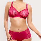 Front view of Empreinte Cassiopee Culotte Panty Brief Lipstick,lace inserts, chic seamless panty for women, hot pink French designer lingerie.