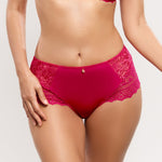 Close up of Empreinte Cassiopee Culotte Panty Brief Lipstick, front view, seamless lace full briefs, chic French lingerie, luxury panty, plus-size lingerie Australia.