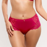 Close up of Empreinte Cassiopee Culotte Panty Brief Lipstick, front view, seamless lace full briefs, chic French lingerie, luxury panty, plus-size lingerie Australia.
