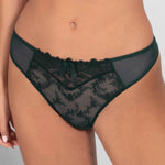 Close up of Louise Thong Brief in Sequoia by Empreinte—delicate French lace design on soft mesh, available exclusively.