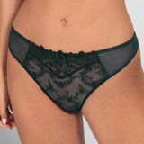 Close up of Louise Thong Brief in Sequoia by Empreinte—delicate French lace design on soft mesh, available exclusively.