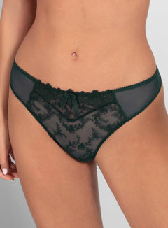 Close up of Louise Thong Brief in Sequoia by Empreinte—delicate French lace design on soft mesh, available exclusively.