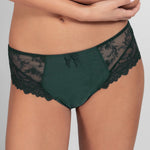 Close up of Model wearing the Louise Culotte Panty Brief in Sequoia by Empreinte, showcasing guipure lace detail and mid-rise cut.