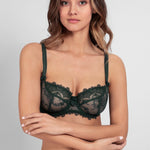 Front close-up of The Foundation's Louise Underwire Low Necked Bra in Sequoia – detailed French embroidery and demi-cup shaping by Empreinte.