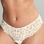 Close up of Panache Allure Brazilian Brief in Ivory, featuring sheer floral lace and flattering fit.