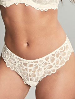 Close up of Panache Allure Brazilian Brief in Ivory, featuring sheer floral lace and flattering fit.