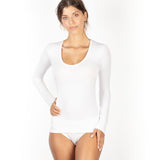 Woman wearing white modal scoop neck long sleeve top by EGI, designed for comfort and layering.