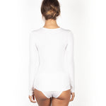 Back view of EGI white long sleeve top showcasing the sleek fit and fine knit texture.