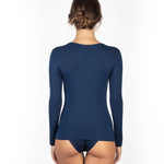 Back view of the EGI navy modal long sleeve top, showcasing the sleek silhouette and classic style.