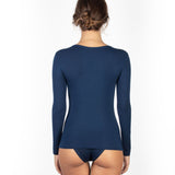 Back view of the EGI navy modal long sleeve top, showcasing the sleek silhouette and classic style.