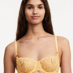 Front view of the Fleurs Half Cup Balcony Bra in Tender Yellow – sheer floral embroidery and delicate French lingerie.