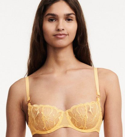 Front view of the Fleurs Half Cup Balcony Bra in Tender Yellow – sheer floral embroidery and delicate French lingerie.