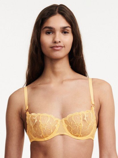 Front view of the Fleurs Half Cup Balcony Bra in Tender Yellow – sheer floral embroidery and delicate French lingerie.
