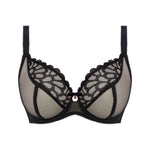 Freya Loveland Plunge Bra Bombshell Black, art deco embroidery, gemstone charm at centre, flat lay product image.