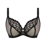 Freya Loveland Plunge Bra Bombshell Black, art deco embroidery, gemstone charm at centre, flat lay product image.