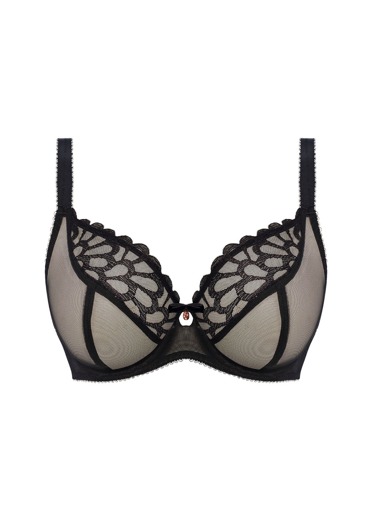Freya Loveland Plunge Bra Bombshell Black, art deco embroidery, gemstone charm at centre, flat lay product image.