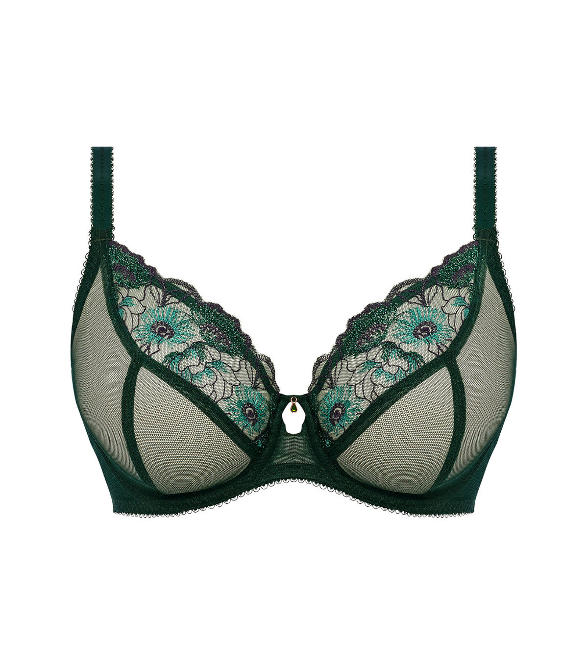 Flat lay of Freya Loveland Plunge Bra Deep Emerald, detailed mesh cups, metallic floral embroidery, gold gemstone charm at centre.