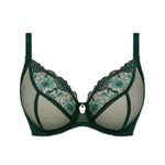 Flat lay of Freya Loveland Plunge Bra Deep Emerald, detailed mesh cups, metallic floral embroidery, gold gemstone charm at centre.