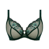 Flat lay of Freya Loveland Plunge Bra Deep Emerald, detailed mesh cups, metallic floral embroidery, gold gemstone charm at centre.