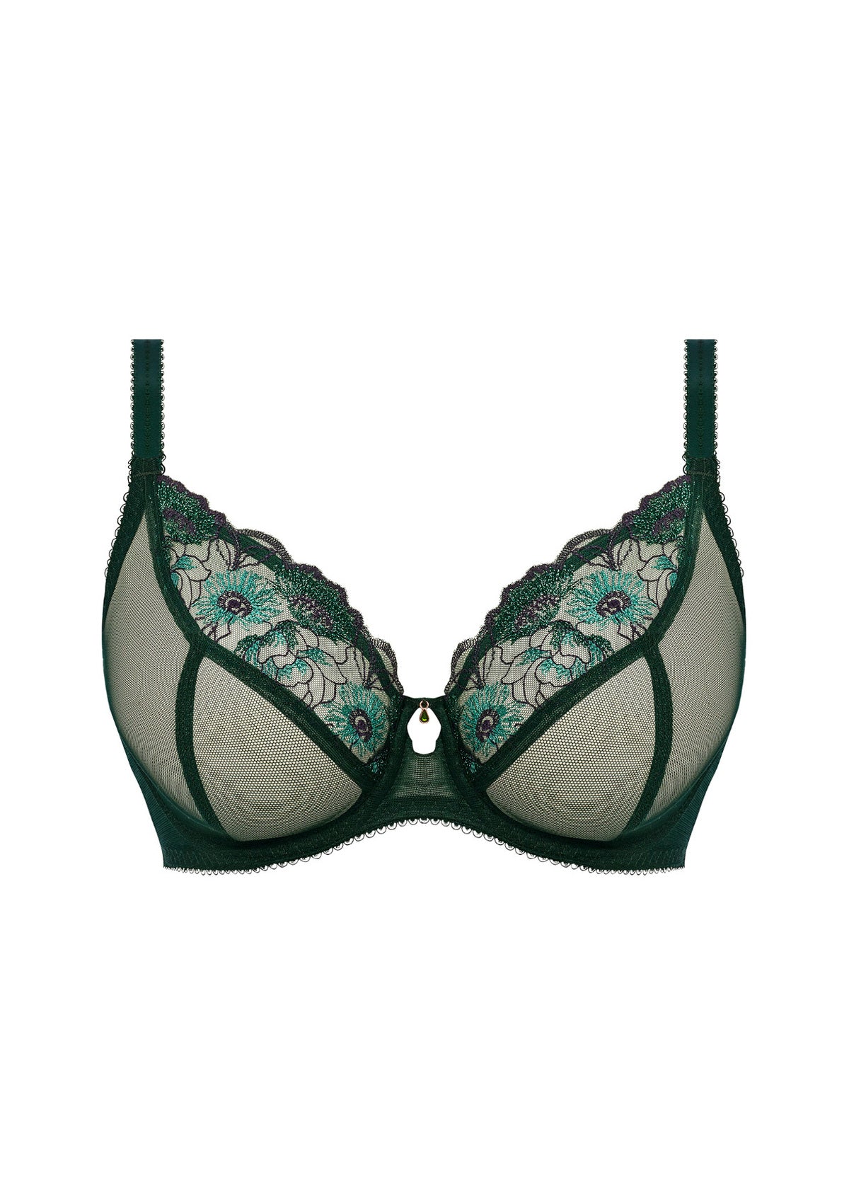 Flat lay of Freya Loveland Plunge Bra Deep Emerald, detailed mesh cups, metallic floral embroidery, gold gemstone charm at centre.