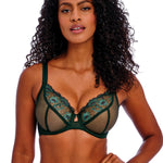 Close up of Freya Loveland Plunge Bra Deep Emerald styled with matching briefs, metallic floral embroidery and low neckline.