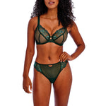 Freya Loveland Brief Deep Emerald with matching plunge bra, emerald green lace lingerie set, modern embroidery.