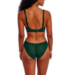 Back view of Freya Loveland Plunge Bra Deep Emerald, adjustable straps and clasp, paired with matching emerald bikini briefs.