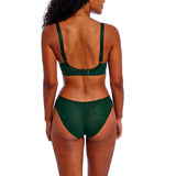 Back view of Freya Loveland Plunge Bra Deep Emerald, adjustable straps and clasp, paired with matching emerald bikini briefs.