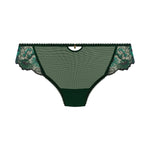 Freya Loveland Brief Deep Emerald, green floral lace bikini brief, keyhole and gemstone accent, seamless finish, flat lay.