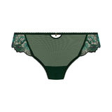 Freya Loveland Brief Deep Emerald, green floral lace bikini brief, keyhole and gemstone accent, seamless finish, flat lay.