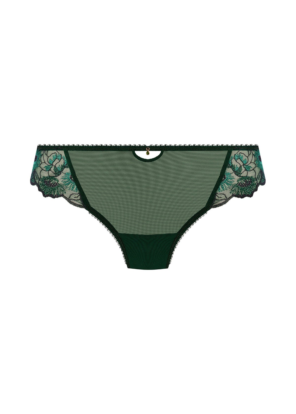 Freya Loveland Brief Deep Emerald, green floral lace bikini brief, keyhole and gemstone accent, seamless finish, flat lay.